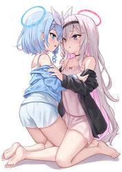  2girls arona_(blue_archive) ass bare_shoulders barefoot black_hairband black_jacket blue_archive blue_eyes blue_hair blue_jacket blue_shirt blue_shorts blush bow bow_hairband braid breasts chinese_commentary choker collarbone colored_inner_hair commentary_request feet full_body grey_eyes hair_between_eyes hair_over_one_eye hairband halo highres jacket kneeling knees legs light_blue_hair long_hair long_sleeves milkshakework multicolored_hair multiple_girls no_shoes off_shoulder open_clothes open_jacket open_mouth pink_hair pink_shirt pink_shorts plana_(blue_archive) red_halo shadow shirt short_hair short_shorts shorts side_braid small_breasts smile soles thighs toes very_long_hair white_background white_hair white_hairband yuri 