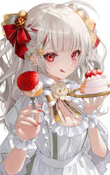  barbell_piercing blush breasts cake cake_slice cleavage cleavage_cutout clothing_cutout commentary_request dress ear_piercing female food fork frilled_dress frills grey_hair hair_ornament hair_ribbon highres holding holding_cake holding_food holding_fork industrial_piercing large_breasts long_hair looking_at_viewer making-of_available nail_polish neck_ribbon nima_(niru54) original partial_commentary piercing red_eyes ribbon simple_background smile solo strawberry_cake tongue tongue_out upper_body white_background white_dress wrist_cuffs 