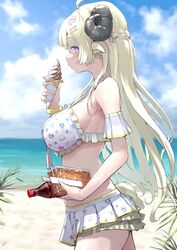  alternate_costume beach blonde_hair breasts chopsticks commentary_request english_commentary female food hair_ornament hairclip highres holding holding_food holding_ice_cream hololive hololive_summer_2022_swimsuit horns ice_cream large_breasts mitsuru_(pixiv_34028718) mixed-language_commentary noodles official_alternate_costume purple_eyes sheep_girl sheep_horns sheep_tail sideboob soba soda soda_bottle tail tsunomaki_watame virtual_youtuber 