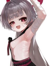  :d arm_up armpits bandaged_arm bandages blue_archive blush breasts dokomon female from_side grey_hair halo highres long_hair looking_at_viewer looking_to_the_side oerba_yun_fang presenting_armpit profile red_eyes shuro_(blue_archive) sideless_outfit simple_background small_breasts smile solo upper_body very_long_hair white_background 