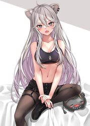  absurdres ahoge animal_ears black_footwear black_nails black_pantyhose black_shorts black_sports_bra blush breasts cleavage dog_tags female grey_eyes grey_hair highres hololive large_breasts lion_ears lion_girl long_hair looking_at_viewer n15e nail_polish navel oerba_yun_fang official_alternate_costume open_mouth pantyhose shishiro_botan shishiro_botan_(button-down) shoes short_shorts shorts skin_fang sports_bra ssrb_(shishiro_botan) thigh_strap very_long_hair virtual_youtuber 