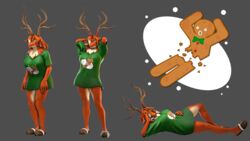  16:9 2022 3d_(artwork) 5_fingers anthro antlers big_breasts breasts brown_body brown_fur brown_hair clothed clothing deer digital_media_(artwork) female fingers footwear fur gingerbread_man hair hair_over_eye hands_behind_head hi_res horn humanoid_hands lying mammal new_world_deer on_back one_eye_obstructed oversized_clothing oversized_shirt oversized_topwear petruz petruz_(copyright) reindeer rudy_(petruz) ruff shirt shoes slippers solo standing topwear widescreen 