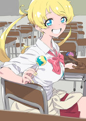  aged_up bag blonde_hair blue_eyes bow bowtie breasts brown_bag candy chair classroom clothes_around_waist collared_shirt commentary desk earrings female food grin high_school!_kiratto_pri_chan highres holding holding_bag holding_candy holding_food holding_lollipop indoors jewelry kiratto_pri_chan large_breasts lollipop long_hair looking_at_viewer moegi_emo murakami_hisashi nail_polish on_chair open_mouth pink_bow pink_bowtie pleated_skirt pretty_series red_skirt school_bag school_chair school_desk school_uniform shirt sitting skirt smile solo twintails white_shirt yellow_nails 