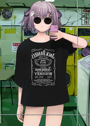  black_shirt cellphone clothes_writing contrapposto cowboy_shot female female_pov full-length_mirror ghost_hair_ornament hair_ornament hair_ribbon hatogayar highres holding holding_phone jack_daniel&#039;s laundromat looking_at_mirror looking_at_self mirror oversized_clothes oversized_shirt phone pov print_shirt purple_hair purple_ribbon reflection reflection_focus ribbon round_eyewear selfie shinomiya_runa shirt short_sleeves smartphone solo sunglasses t-shirt taking_picture two_side_up virtual_youtuber vspo! washing_machine x_hair_ornament yellow_eyes 