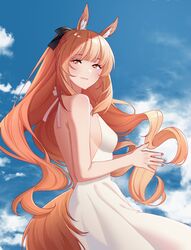  absurdres animal_ears arknights avi_(baltika_seven) backless_dress backless_outfit black_bow blemishine_(arknights) blonde_hair blue_sky bow breasts cloud dress female hairbow highres horse_ears horse_girl horse_tail lips looking_at_viewer outdoors photo_background ponytail sideboob sky sleeveless sleeveless_dress small_breasts solo tail white_dress yellow_eyes 