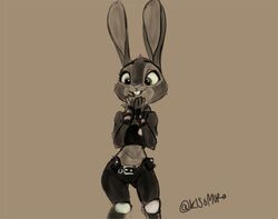  2019 anthro ass brown_background buckteeth butt_from_the_front clothed clothing disney ears_up eyelashes female judy_hopps kisomuro knee_pads lagomorph leporid mammal monochrome open_mouth police police_uniform rabbit signature simple_background solo teeth uniform zootopia 