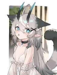  ahoge animal_ears bare_shoulders black_choker blue_eyes blurry blurry_background blush breasts cat_ears choker collarbone crossed_bangs detached_sleeves dress extra_ears female grey_hair hair_between_eyes hair_ornament highres horns long_hair looking_at_viewer mosou_cat_girl_(mosou_keito) mosou_keito multicolored_hair oni_horns open_mouth original pointy_ears see-through small_breasts solo tail tongue tongue_out upper_body white_dress x_hair_ornament 