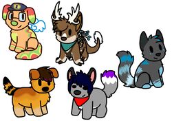  2014 adobe_photoshop_(artwork) ambiguous_gender antlers bird_dog black_markings blue_hair blue_markings brown_body brown_fur brown_inner_ear brown_nose button_ears canid canine canis chibi digital_drawing_(artwork) digital_media_(artwork) digitigrade dipstick_tail domestic_cat domestic_dog dot_eyes felid feline felis feral feral_with_hair flat_colors floppy_ears fur golden_retriever green_markings green_nose grey_body grey_fur group hair head_tuft horn hunting_dog hybrid kayla_(kaylamod) kerchief mammal markings neckerchief orange_body orange_fur pink_inner_ear purple_markings red_kerchief red_markings red_neckerchief retriever ring_(marking) ringed_tail sebdoggo simple_background sitting standing striped_markings striped_tail stripes tail tail_markings tail_tuft teal_kerchief teal_neckerchief tuft white_antlers white_background yellow_markings 