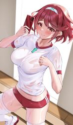  alternate_costume bob_cut breasts buruma cameltoe closed_mouth core_crystal_(xenoblade) drop_earrings earrings female gym_uniform hairband highres holding holding_phone jewelry large_breasts matrix16 no_bra phone pyra_(xenoblade) red_buruma red_eyes red_hair see-through see-through_shirt selfie shirt short_hair smile solo steaming_body sweat sweaty_clothes thighhighs white_footwear white_hairband white_shirt white_thighhighs xenoblade_chronicles_(series) xenoblade_chronicles_2 