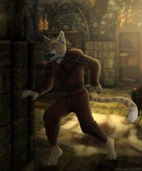  2023 5:6 anthro arm_guards armor baldric barefoot belt belt_buckle bethesda_game_studios brown_clothing buckle cheek_tuft claws clothing digital_media_(artwork) dipstick_tail domestic_cat eyebrows facial_markings facial_tuft feet felid feline felis finger_claws fur head_markings hi_res inner_ear_fluff khajiit knee_guards leather leg_belt male mammal markings microsoft open_mouth orange_eyes pawpads pouches rahir_(artist) screencap screencap_background shoulder_guards signature skyrim sneaking solo stealth tail tail_markings teeth the_elder_scrolls thief toe_claws tuft utility_belt white_body white_fur yellow_body yellow_fur 