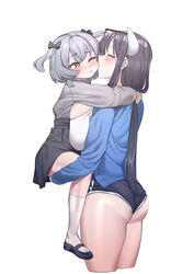  1boy absurdres arms_around_neck ass biting black_bow black_footwear black_hair black_shorts black_skirt blue_jacket blush bow breast_press breasts cheek_biting closed_mouth cropped_legs eyewear_on_head female grey_hair hairbow highres horns howcow_(vtuber) huge_breasts indie_virtual_youtuber jacket lifting_person long_hair one_eye_closed otoko_no_ko otonashi_(otonashi5959) shoes shorts simple_background skirt socks straight tongkkangi tongkkangi_(streamer) virtual_youtuber white_background white_horns white_socks yellow_eyes 