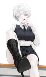  arm_under_breasts boots breasts commentary female grey_eyes grey_hair high_heel_boots high_heels highres large_breasts looking_at_viewer multicolored_hair necktie ohisashiburi open_mouth original pleated_skirt short_hair sitting skirt solo streaked_hair 