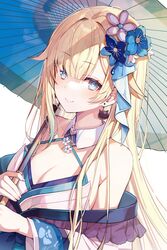  absurdres aizawa_ema blonde_hair blue_eyes blue_flower breasts cleavage closed_mouth detached_collar female flower gradient_hair hair_flower hair_intakes hair_ornament highres holding holding_umbrella japanese_clothes kimono long_hair long_sleeves looking_at_viewer misyune multicolored_hair simple_background smile solo umbrella upper_body virtual_youtuber vspo! white_background white_kimono 