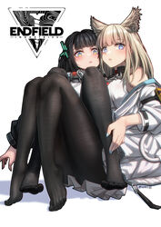  2girls :o animal_ear_fluff animal_ears arknights arknights:_endfield arm_strap armpit_crease artist_name bare_shoulders black_hair black_pantyhose blonde_hair blue_eyes blue_nails blunt_bangs blush breasts commentary_request copyright_name covered_nipples dress endministrator_(arknights) extra_ears eyelashes feet feet_up female_endministrator_(arknights) fingernails flustered foot_focus from_side full-length_zipper full_body hair_flowing_over hair_ornament hairclip hand_on_another&#039;s_leg high_collar highres invisible_floor jacket knees knees_together_feet_apart knees_up legs logo long_hair long_sleeves looking_at_viewer looking_to_the_side medium_breasts multicolored_eyes multiple_girls nail_polish no_shoes off_shoulder open_clothes open_jacket open_mouth orange_nails orange_pupils pantyhose perlica_(arknights) pixiv_username pleated_dress pocket puffy_long_sleeves puffy_sleeves ribbed_sweater see-through see-through_legwear shadow shiny_skin short_dress short_hair sidelocks simple_background sitting sleeveless sleeveless_dress soles straight_hair sweater thighs toenails toes toes_up twitter_username two-tone_eyes variant_set white_background white_dress white_jacket white_sweater yamauchi_(conan-comy) yellow_eyes yuri zipper zipper_pull_tab 