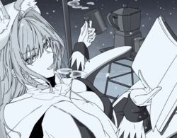  animal_ears arknights book braid breasts chair cleavage cup dress extra_ears female gloves greyscale hair_between_eyes highres holding holding_cup kettle kyoro_(kyoroillust) large_breasts looking_at_viewer looking_back monochrome mug official_alternate_costume open_book outdoors pozyomka_(arknights) pozyomka_(snowy_plains_in_words)_(arknights) sitting snow solo steam wolf_ears wolf_girl 