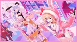  5girls animal_ear_hood animal_ears azur_lane black_bow black_bowtie black_hair black_leotard blonde_hair blue_bow blue_bowtie blue_eyes blue_leotard boots bottle bow bowtie braided_hair_rings candy chewing_gum cola copyright_name credit_card double_bun dutch_angle fake_animal_ears fake_tail fishnet_pantyhose fishnets food full_body fur-trimmed_hoodie fur_trim gumball gumball_machine hair_bun highres holding holding_candy holding_food holding_lollipop hood hoodie in_shopping_cart indoors jacket laffey_(azur_lane) leotard lollipop long_sleeves looking_at_another manjuu_(azur_lane) multiple_girls nicholas_(azur_lane) official_alternate_costume official_art one_eye_closed open_clothes open_jacket open_mouth pantyhose pink_hoodie playboy_bunny rabbit_ears rabbit_tail red_eyes rubbing_eyes shimakaze_(azur_lane) shimakaze_(world&#039;s_speediest_bunny_waitress)_(azur_lane) shnva shopping_cart snack soda_bottle standing standing_on_one_leg stephen_potter_(azur_lane) stephen_potter_(chillaxation_station)_(azur_lane) tail tailcoat tailcoat_playboy_bunny thumbs_up twintails white_footwear white_pantyhose wine_bottle yamakaze_(azur_lane) yamakaze_(magic_time_standby)_(azur_lane) 