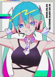  absurdres black_shirt blue_eyes blue_hair border character_name collarbone colored_inner_hair commentary dated eyelashes female grey_border grin hair_between_eyes hatsune_miku headphones highres holographic_clothing long_hair looking_at_viewer miku_day multicolored_hair navel necktie number_tattoo shirt shoulder_tattoo smile solo tattoo tendoshi twintails vocaloid white_necktie 