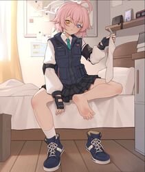  ahoge alarm_clock aqua_necktie armband barefoot bedroom black_armband black_gloves black_skirt blue_archive blue_eyes blue_footwear blue_vest blush chinese_commentary clock closed_mouth collared_shirt commentary_request curtains eyelashes feet female fingerless_gloves foot_focus full_body gloves hair_between_eyes hand_up heterochromia holding holding_clothes holding_legwear hoshino_(blue_archive) hoshino_(young)_(blue_archive) indoors legs long_sleeves looking_at_viewer medium_hair necktie on_bed pillow pink_hair pleated_skirt presenting_foot puffy_long_sleeves puffy_sleeves shirt shoes single_shoe sitting skirt smell sneakers socks soles solo toes unworn_shoes unworn_socks vest white_socks wooden_floor xssh yellow_eyes 