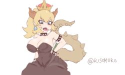  5:3 absurd_res animal_humanoid animal_tail big_breasts black_clothing black_dress blonde_hair blue_eyes blush bowser bowsette_meme bracelet breasts brown_horn cleavage clothed clothing collar crown dress ear_piercing female hair hand_on_hip headgear hi_res horn horned_humanoid huge_breasts humanoid humanoid_pointy_ears jewelry kisomuro koopa_humanoid lizard_humanoid looking_at_viewer mario_bros meme navel_outline nintendo open_mouth piercing reptile reptile_humanoid rule_63 scalie scalie_humanoid sharp_teeth simple_background solo spiked_bracelet spiked_collar spiked_tail spikes spikes_(anatomy) super_crown tail tan_body tan_skin teeth tongue tongue_out white_background 