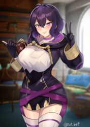  absurdres aged_up ahoge alternate_breast_size black_gloves blurry blurry_background book bookshelf breasts cowboy_shot dress female fire_emblem fire_emblem_awakening gloves hair_between_eyes highres holding holding_book hood hood_down hooded_dress indoors large_breasts morgan_(female)_(fire_emblem) morgan_(fire_emblem) multicolored_clothes multicolored_dress pillow purple_eyes purple_hair short_hair smile solo thighhighs twitter_username v white_thighhighs zet_(twt_zet) zettai_ryouiki 