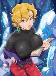  absurdres black_sweater blonde_hair book breasts briar_(pokemon) covered_nipples earrings female hand_on_own_hip highres holding holding_book hoop_earrings huge_breasts ice jacket jewelry lips looking_at_viewer nagainosfw off_shoulder open_book pants poke_ball poke_ball_(basic) pokemon pokemon_sv purple_eyes purple_jacket red_pants ribbed_sweater short_hair solo sweater sweater_under_jacket taut_clothes taut_sweater turtleneck turtleneck_sweater 