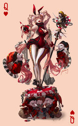  absurdres animal_ears ankle_ribbon asymmetrical_legwear breasts card chains cleavage cleavage_cutout clothing_cutout collar earrings facial_mark female fingernails frilled_collar frilled_cuffs frilled_leotard frills goblin hair_ornament high_heels highres holding holding_staff jewelry lace lace-trimmed_leotard lace_trim leg_ribbon leggings leotard light_brown_hair long_hair looking_at_viewer mismatched_legwear multicolored_clothes multicolored_legwear open_mouth original playing_card poker_chip puhaaang queen_(playing_card) queen_of_hearts_(playing_card) rabbit_ears red_eyes red_leotard ribbon sharp_fingernails sharp_teeth simple_background staff sword teardrop_facial_mark teardrop_tattoo teeth thigh_gap twintails weapon white_leggings 