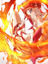  artist_name bike_shorts clear_glass_(mildmild1311) commentary_request cure_rouge eyelashes female fire hair_ornament highres looking_at_viewer magical_girl natsuki_rin precure red_eyes red_hair red_shorts serious short_hair shorts signature simple_background skirt solo spiked_hair twitter_username white_background yes!_precure_5 