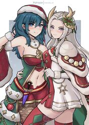  2girls absurdres antlers arm_around_waist artist_name blue_eyes blue_hair breasts brooch byleth_(female)_(fire_emblem) byleth_(female)_(frosty_professor)_(fire_emblem) byleth_(fire_emblem) cape chascoby christmas edelgard_von_hresvelg edelgard_von_hresvelg_(snowfall_future) english_commentary fake_antlers fire_emblem fire_emblem:_three_houses fire_emblem_heroes gloves hat highres holly horns jewelry large_breasts long_hair looking_at_viewer medium_hair multiple_girls navel official_alternate_costume pantyhose patreon_username red_cape red_thighhighs reindeer_antlers santa_hat small_breasts smile thighhighs white_gloves white_hair 