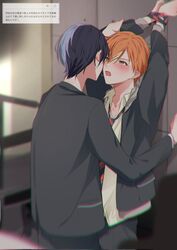  2boys after_kiss aoyagi_touya black_hair black_jacket blonde_hair french_kiss green_eyes highres jacket kissing long_sleeves male_focus momiji_11_12 multiple_boys necktie orange_hair project_sekai shinonome_akito standing tongue tongue_out translation_request yaoi 