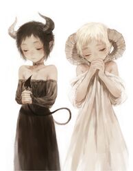  2girls bare_shoulders black_dress black_hair black_vs_white brown_eyes closed_mouth commentary_request contrast covered_mouth cowboy_shot curled_horns demon_girl demon_horns demon_tail dress eyelashes flat_chest half-closed_eyes hands_up head_tilt highres holding_own_tail horns interlocked_fingers jewelry lace-trimmed_sleeves lace_trim long_sleeves looking_down mame_(mmgamegg) multiple_girls necklace off-shoulder_dress off_shoulder one_eye_closed original own_hands_together pointy_ears sheep_horns short_hair side-by-side simple_background standing tail white_background white_dress white_hair 