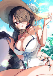  a_yam2m black_hair blue_archive blue_sky blush braid braided_ponytail breasts brown_hat cleavage cloud cross cross_earrings earrings female halterneck hat highres hinata_(blue_archive) hinata_(swimsuit)_(blue_archive) jewelry large_breasts long_hair looking_at_viewer official_alternate_costume one-piece_swimsuit open_mouth palm_leaf red_eyes single_earring sky smile solo sun_hat swimsuit white_one-piece_swimsuit 