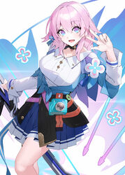  :d absurdres acorn_print badge black_choker black_corset blue_eyes blue_jacket blue_skirt bow_(weapon) breasts button_badge buttons camera choker commentary corset dress_shirt earrings feet_out_of_frame female flower_ornament gradient_eyes hand_up highres holding holding_bow_(weapon) holding_weapon honkai:_star_rail honkai_(series) jacket jewelry long_sleeves looking_at_viewer march_7th_(honkai:_star_rail) march_7th_(preservation)_(honkai:_star_rail) medium_hair miniskirt multicolored_eyes open_mouth pink_eyes pink_hair pleated_skirt purple_eyes raitho shirt short_hair single_earring skirt smile solo tied_jacket two-tone_eyes underbust w weapon white_shirt 