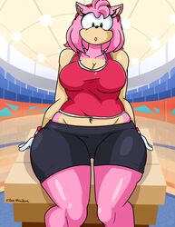  absurd_res amy_rose anthro ass big_breasts black_bottomwear black_clothing black_shorts bottomwear breasts butt_from_the_front cleavage clothed clothing eulipotyphlan eyelashes female front_view fur gloves green_eyes handwear head_tuft hedgehog hi_res mammal mario_and_sonic_at_the_olympic_games navel open_mouth pink_body pink_clothing pink_fur pink_topwear sega shorts silenttandem sitting solo sonic_the_hedgehog_(series) tan_body tan_fur thick_thighs topwear tuft white_clothing white_gloves white_handwear wide_hips 