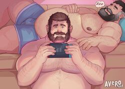  2boys absurdres arm_hair avero_art back_hair bara beard belly blue_male_underwear boxers bulge chest_hair couch couple facial_hair fat fat_man feet_out_of_frame from_side full_beard hairy hand_hair hand_on_another&#039;s_shoulder handheld_game_console highres holding holding_handheld_game_console large_pectorals leg_hair long_beard lying male_focus male_underwear mature_male moustache multiple_boys navel_hair nipples nude old old_man on_back on_couch original pectorals playing_games plump short_hair sleeping thick_beard thick_eyebrows thick_mustache topless_male underwear upper_body yaoi zzz 