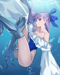  bare_shoulders blue_eyes blue_ribbon blush breasts collarbone fate/grand_order fate_(series) female frills genshu_doki hair_ribbon highleg highleg_swimsuit highres long_hair long_sleeves looking_at_viewer meltryllis_(fate) meltryllis_(swimsuit_lancer)_(fate) meltryllis_(swimsuit_lancer)_(second_ascension)_(fate) off-shoulder_one-piece_swimsuit off_shoulder one-piece_swimsuit prosthesis prosthetic_leg puffy_sleeves purple_hair ribbon sleeves_past_fingers sleeves_past_wrists small_breasts smile solo swimsuit underwater very_long_hair 