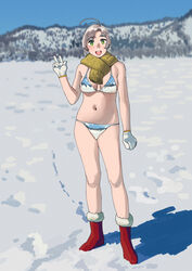  bikini boots breasts female full_body fur-trimmed_boots fur_trim gloves green_eyes grey_hair highres kantai_collection kinugasa_(kancolle) large_breasts long_hair looking_at_viewer navel ojipon outdoors red_footwear scarf silver_bikini smile snow solo standing stomach swimsuit w white_gloves 