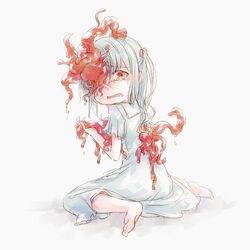  barefoot commentary_request crying crying_with_eyes_open dated_commentary dress female flesh full_body grey_dress grey_hair hand_up looking_at_viewer looking_back lowres mutation one_side_up original rakuni red_eyes sitting solo tears tentacle wariza white_dress 