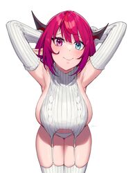  alternate_costume armpits arms_up blue_eyes blush breasts dasdokter detached_sleeves female garter_straps heterochromia highres hololive hololive_english horns irys_(hololive) large_breasts looking_at_viewer meme_attire panties pointy_ears purple_eyes purple_hair ribbed_panties ribbed_sleeves ribbed_thighhighs simple_background sleeveless sleeveless_sweater smile solo sweater underwear virgin_destroyer_sweater virtual_youtuber white_background white_garter_straps white_sweater 