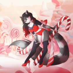  1:1 2023 anthro artist_name big_tail biped black_clothing black_footwear black_hair black_legwear black_socks black_thigh_highs black_thigh_socks blue_eyes bodysuit bow_ribbon breasts candy candy_cane canid canine canis cleavage clothed clothing countershade_face countershade_fur countershade_torso countershading dessert detailed_background digital_media_(artwork) eyebrows eyelashes female food footwear fur gradient_hair grey_body grey_fur hair hi_res high_heels legwear lollipop long_hair looking_at_viewer mammal markings multicolored_hair neckwear open_mouth red_bodysuit red_clothing red_footwear red_hair red_high_heels red_shoes red_skinsuit ring_(marking) ringed_tail shaded shoes skinsuit socks solo spider_bones striped_markings striped_tail stripes tail tail_markings thigh_highs thigh_socks tight_clothing two_tone_hair white_body white_fur wolf 