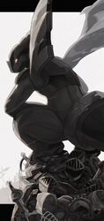  armor broken_armor colored_sclera facing_away highres kaisen_taroo looking_at_viewer pokemon pokemon_(creature) red_sclera slav_squatting solo squatting white_eyes zekrom 