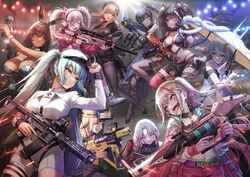  6+girls adjusting_clothes adjusting_headwear alice_(nikke) animal_ears assault_rifle bikini black_bikini black_dress black_hair black_leotard black_pantyhose blonde_hair blue_dress blue_eyes blue_hair blush bodysuit breasts brown_eyes brown_hair centi_(nikke) cleavage closed_eyes closed_mouth dark-skinned_female dark_skin drake_(nikke) dress emma_(nikke) fake_animal_ears gatling_gun goddess_of_victory:_nikke grenade_launcher grey_hair gun hat highres holding holding_gun holding_sword holding_umbrella holding_weapon jackal_(nikke) jacket katana large_breasts leotard lips long_hair long_sleeves looking_at_another looking_at_viewer medium_breasts medium_hair multicolored_hair multiple_girls nero_(nikke) noir_(nikke) noise_(nikke) one_eye_closed open_mouth pants pantyhose pink_bodysuit pink_hair playboy_bunny ponytail privaty_(nikke) rabbit_ears red_eyes red_hair rifle rocket_launcher scarlet_(nikke) scope shorts shotgun smile sniper_rifle sonsoso spotlight streaked_hair submachine_gun swimsuit sword thigh_strap tongue tongue_out twintails umbrella weapon white_hair white_pants wrist_cuffs 