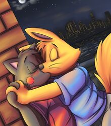  anthro black_body black_fur blush canid canine city duo felid fox fur hi_res kaiketsu_zorori kissing male male/male mammal night pantherine prince_arthur_(kaiketsu_zorori) roarey_raccoon yellow_body yellow_fur zorori 