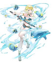  angelfish animal bare_shoulders belt bikini blonde_hair blue_eyes blue_hair bracelet breasts butterflyfish cleavage collarbone criss-cross_halter dolphin earrings feather_trim female fire_emblem fire_emblem_heroes fish fjorm_(fire_emblem) fjorm_(summer)_(fire_emblem) flower full_body gradient_clothes gradient_hair hair_flower hair_ornament hairband halterneck highres holding holding_sword holding_weapon jewelry leg_up maeshima_shigeki medium_breasts multicolored_hair navel non-web_source official_alternate_costume official_art open_mouth sandals seashell shell short_hair solo sparkle starfish stomach swimsuit sword thighs toeless_footwear toes transparent_background tropical_fish water weapon 