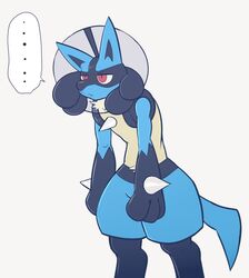  anthro blue_body blue_fur canid canine cone_of_shame darkluxia ellipsis fur generation_4_pokemon hi_res lucario male mammal medical_instrument nintendo pokemon pokemon_(species) red_eyes scientific_instrument simple_background solo white_background 