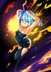  armpits arms_up ass black_gloves blue_eyes blue_hair boots bright_pupils dress female fire fujisawa_takashi gloves half_gloves jewelry necklace original panties solo strapless strapless_dress thigh_boots thighhighs underwear white_pupils 