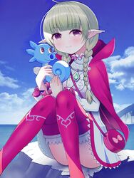  braid closed_mouth commission crossover day female fire_emblem fire_emblem_awakening fish green_hair highres holding holding_pokemon horsea looking_at_viewer mikoko1 nah_(fire_emblem) ocean outdoors pointy_ears pokemon pokemon_(creature) purple_eyes seahorse sitting skeb_commission thighhighs twin_braids 