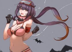  bare_arms bare_shoulders bat_(animal) bat_wings bikini black_gloves black_hair blush breasts eyebrows_hidden_by_hair eyewear_on_head fate/grand_order fate_(series) female gloves hair_between_eyes highres hoshi_rasuku long_hair looking_at_viewer open_mouth osakabehime_(fate) osakabehime_(swimsuit_archer)_(fate) osakabehime_(swimsuit_archer)_(second_ascension)_(fate) protected_link red_eyes scarf solo stomach swimsuit twintails wings 