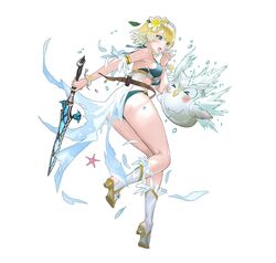  &gt;_&lt; ass bikini blonde_hair blue_eyes blue_hair breasts earrings feh_(fire_emblem_heroes) female fire_emblem fire_emblem_heroes fjorm_(fire_emblem) fjorm_(summer)_(fire_emblem) full_body gradient_hair hair_ornament jewelry looking_at_viewer maeshima_shigeki multicolored_hair non-web_source official_alternate_costume official_art open_mouth sandals short_hair simple_background smile solo swimsuit thighs toeless_footwear white_background 