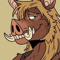  1:1 anthro beard blonde_beard blonde_facial_hair blonde_hair blonde_sideburns brown_body brown_ears brown_fur facial_hair fur hair imperatorcaesar low_res male mammal narrowed_eyes sideburns simple_background smile solo suid suina tan_teeth teeth tusks 