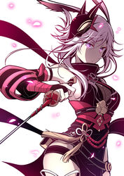  absurdres animal_ears armpits bare_shoulders breasts bridal_gauntlets chinese_commentary cleavage closed_mouth commentary_request fei_luo_mao female fox_ears fox_mask glowing glowing_petals highres holding holding_sword holding_weapon honkai_(series) honkai_impact_3rd japanese_clothes katana looking_at_viewer mask ninja petals photoshop_(medium) pink_hair purple_eyes sideboob simple_background solo sword weapon white_background yae_kasumi yae_sakura 